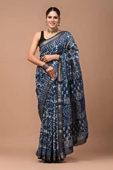 Maheshwari Cotton Silk Saree – Steel Blue Block Print Casual Wear, S10844 - Saree - Aakritee - S10844