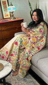 Off - White Kantha Stitch Pure Tussar Bangalore Silk Saree - Festive - Saree - Aakritee - S10667