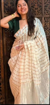 Off White Matka Saree - Saree Matka Offwhite Pure Handloom Golden Stripped Festive Pujo Edit Diwali S11161 - Saree - Aakritee - S11161