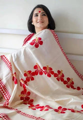 Off - White Murshidabadi Silk Floral Saree with Red Border - Durga Pujo Festive Wear - Saree - Aakritee - S10663