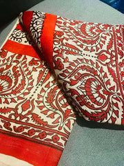 Off - White Murshidabadi Silk Saree with Red Border - Durga Pujo Festive Wear - Saree - Aakritee - S10657