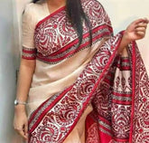 Off - White Murshidabadi Silk Saree with Red Border - Durga Pujo Festive Wear - Saree - Aakritee - S10657