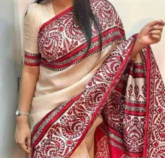 Off - White Murshidabadi Silk Saree with Red Border - Durga Pujo Festive Wear - Saree - Aakritee - S10657