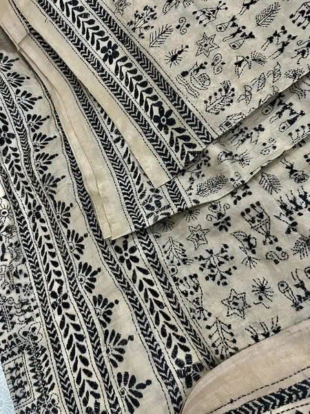Offwhite Black Hand Kantha Pure Tussar Saree for Festive - Saree - Aakritee - S10703