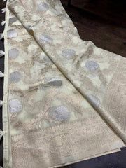 Offwhite Soft Banarasi Linen Silk Cotton Saree for Festive - Saree - Aakritee - S10712