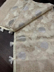 Offwhite Soft Banarasi Linen Silk Cotton Saree for Festive - Saree - Aakritee - S10712