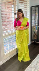 Olive & Gold Tissue Linen Saree Festive Party Wear - Saree - Aakritee - S10760