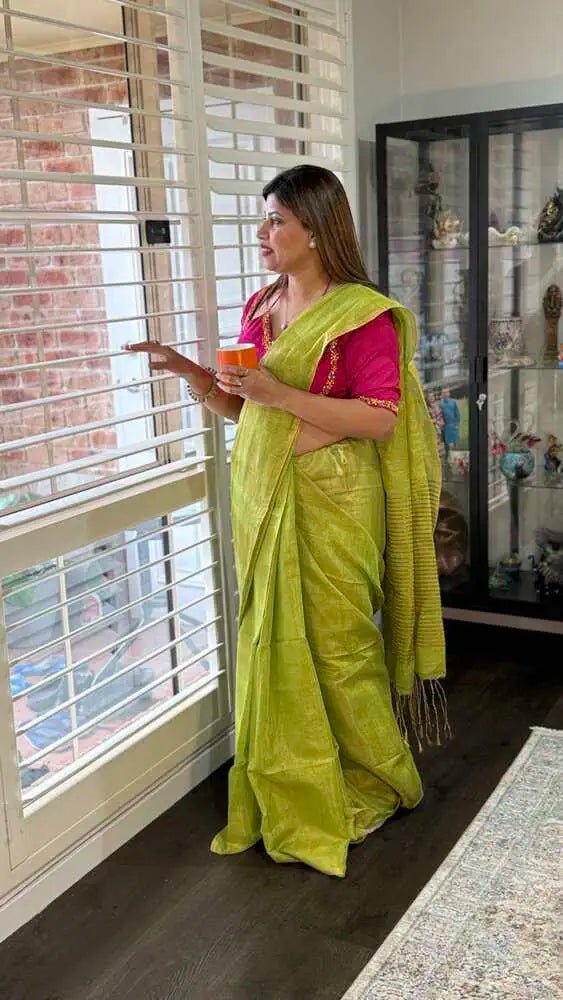 Olive & Gold Tissue Linen Saree Festive Party Wear - Saree - Aakritee - S10760