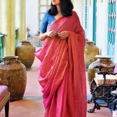 Pink & Gold Tissue Linen Saree, Festive Party Wear - Saree - Aakritee - S10759