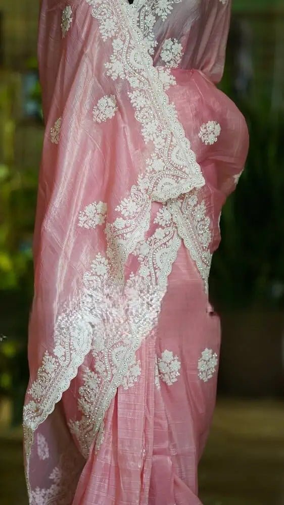 Pink Organza Saree - Tissue Organza Embroidery Party Wear Festive Pink S11072 - Saree - Aakritee - S11072