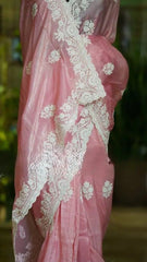 Pink Organza Saree - Tissue Organza Embroidery Party Wear Festive Pink S11072 - Saree - Aakritee - S11072