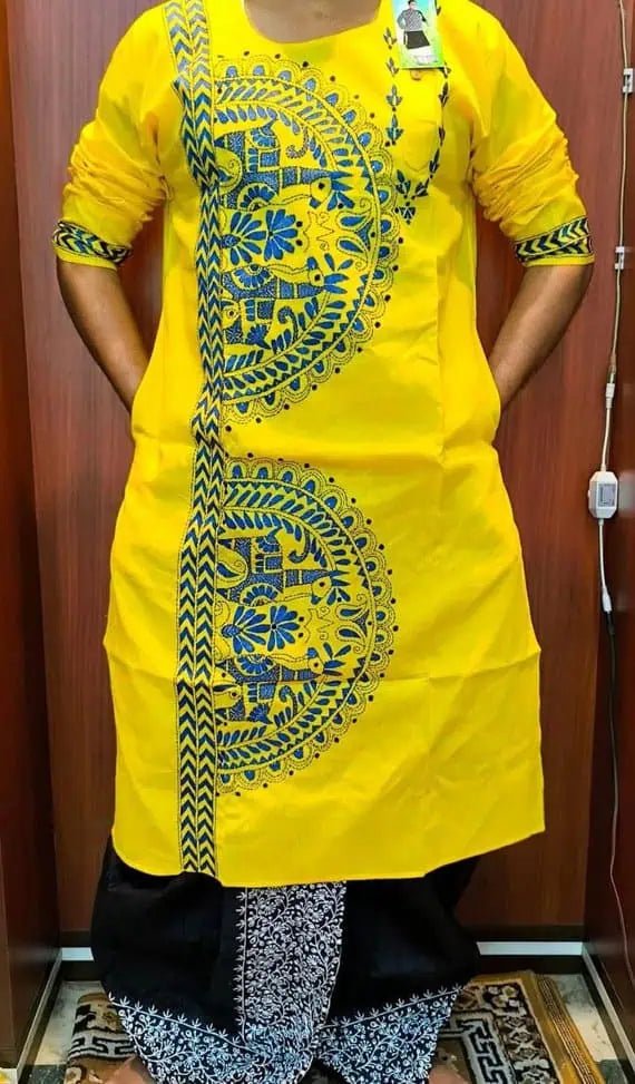 Punjabi Cotton Hand Kantha Yellow - Blue Festive Ethnic Wear - Kurta - Punjabi - Aakritee - PK00212