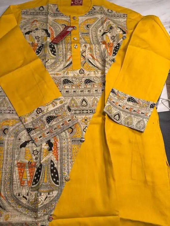 Punjabi Cotton Madhubani Yellow Hand - Painted Ethnic Wear - Kurta - Punjabi - Aakritee - PK00216
