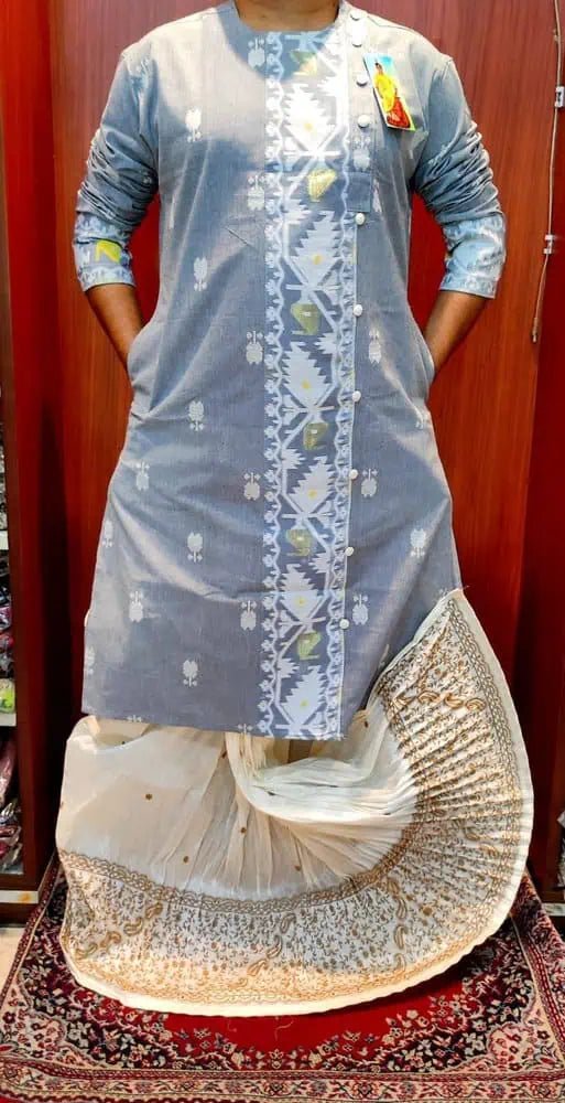 Punjabi Jamdani Weaving Grey White Elegant Festive Ethnic Wear - Kurta - Punjabi - Aakritee - PK00207