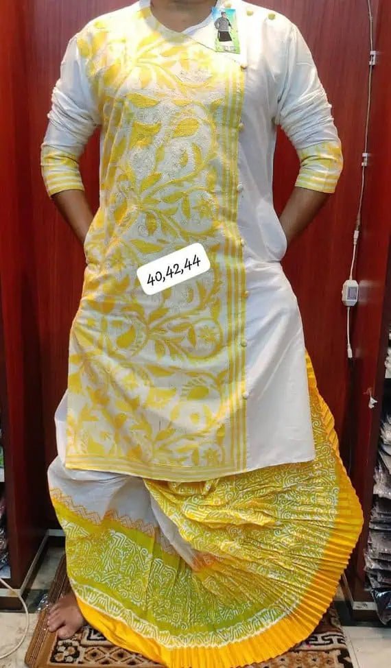 Punjabi Tussar Kantha Handwork Offwhite Yellow Festive Ethnic Wear - Kurta - Punjabi - Aakritee - PK00206