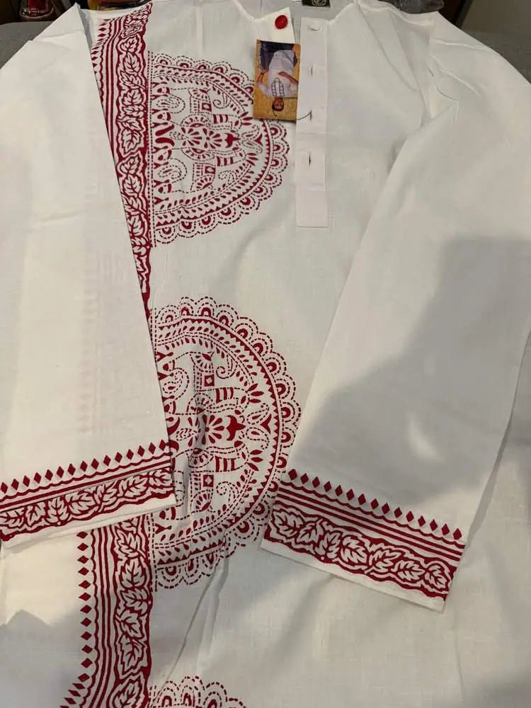 Punjabi/Kurta Cotton Hand Block Print - White & Red - 55 AUD - Kurta - Punjabi - Aakritee - PK00199