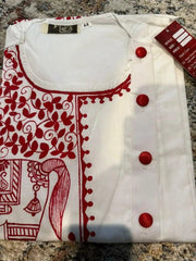 Punjabi/Kurta Cotton Hand Block Print - White & Red - 55 AUD - Kurta - Punjabi - Aakritee - PK00201