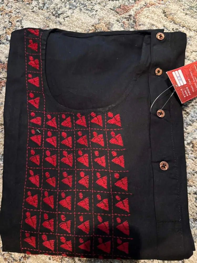 Punjabi/Kurta Cotton Hand Kantha Stitch - Black & Red - 55 AUD - Kurta - Punjabi - Aakritee - PK00195