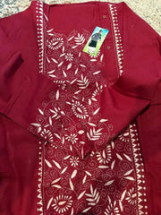 Punjabi/Kurta Cotton Hand Kantha Stitch - Maroon & White - 55 AUD - Kurta - Punjabi - Aakritee - PK00193