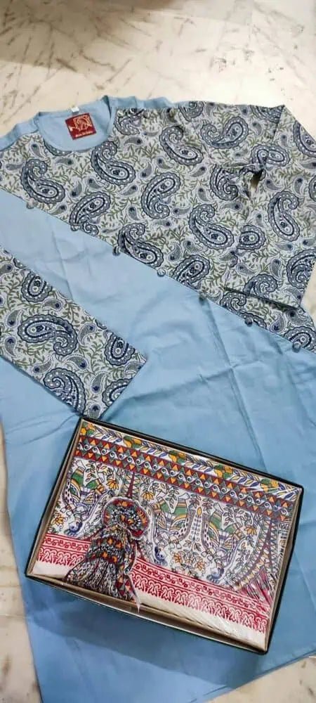 Punjabi/Kurta Cotton Kalamkari Patch Work - Sky Blue - 60 AUD - Aakritee - PK00203