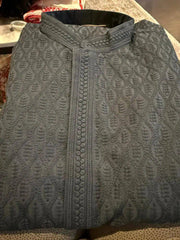 Punjabi/Kurta Cotton Suit with Hand Chikankari in Dark Grey - Kurta - Punjabi - Aakritee - PK00176