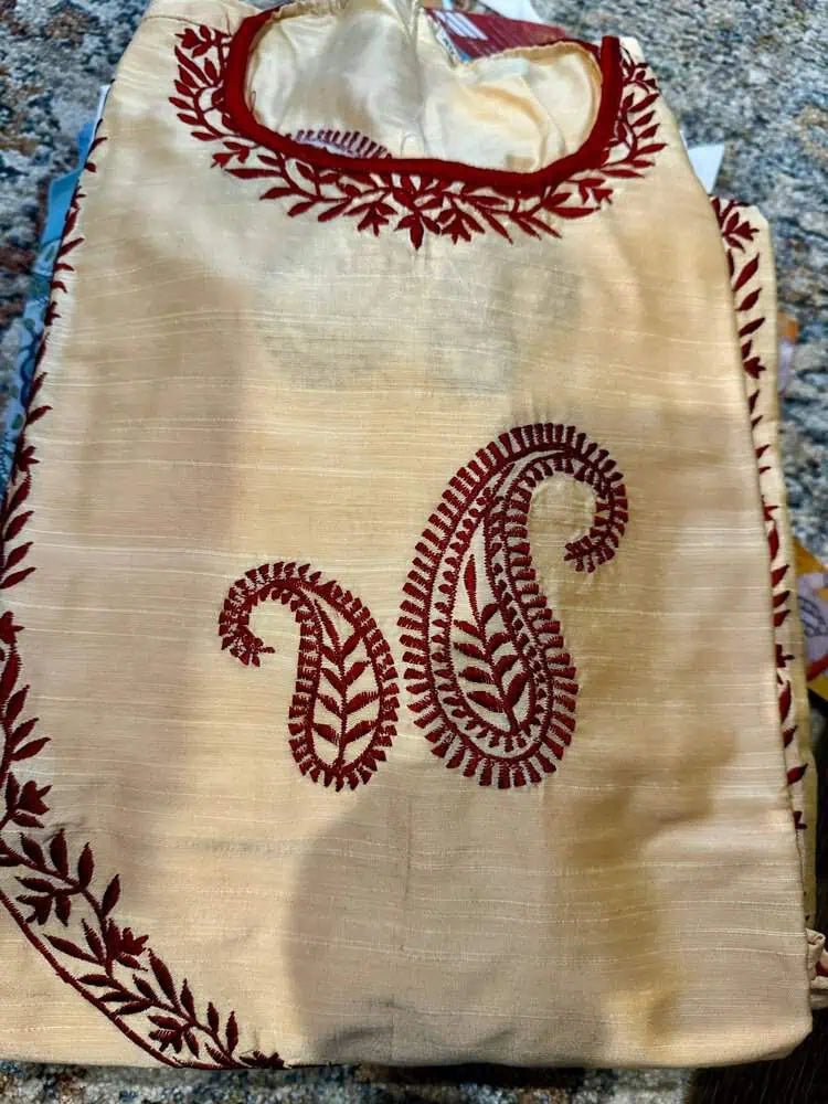 Punjabi/Kurta Khadi Silk Beige with Red Embroidery - 65 AUD - Kurta - Punjabi - Aakritee - PK00190