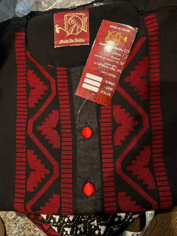 Punjabi/Kurta Pure Cotton Jamdani - Black & Red - 65 AUD - Kurta - Punjabi - Aakritee - PK00198