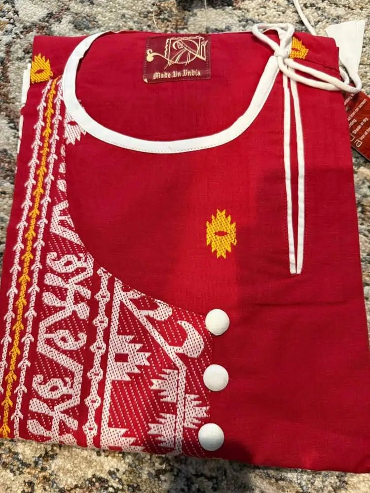 Punjabi/Kurta Red Jamdani Work Cotton - 75 AUD - Kurta - Punjabi - Aakritee - PK00192