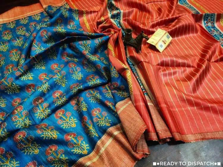 Pure Ghicha Tussar Saree Ð Blue Ajrakh Block Print - Saree - Aakritee - S10777