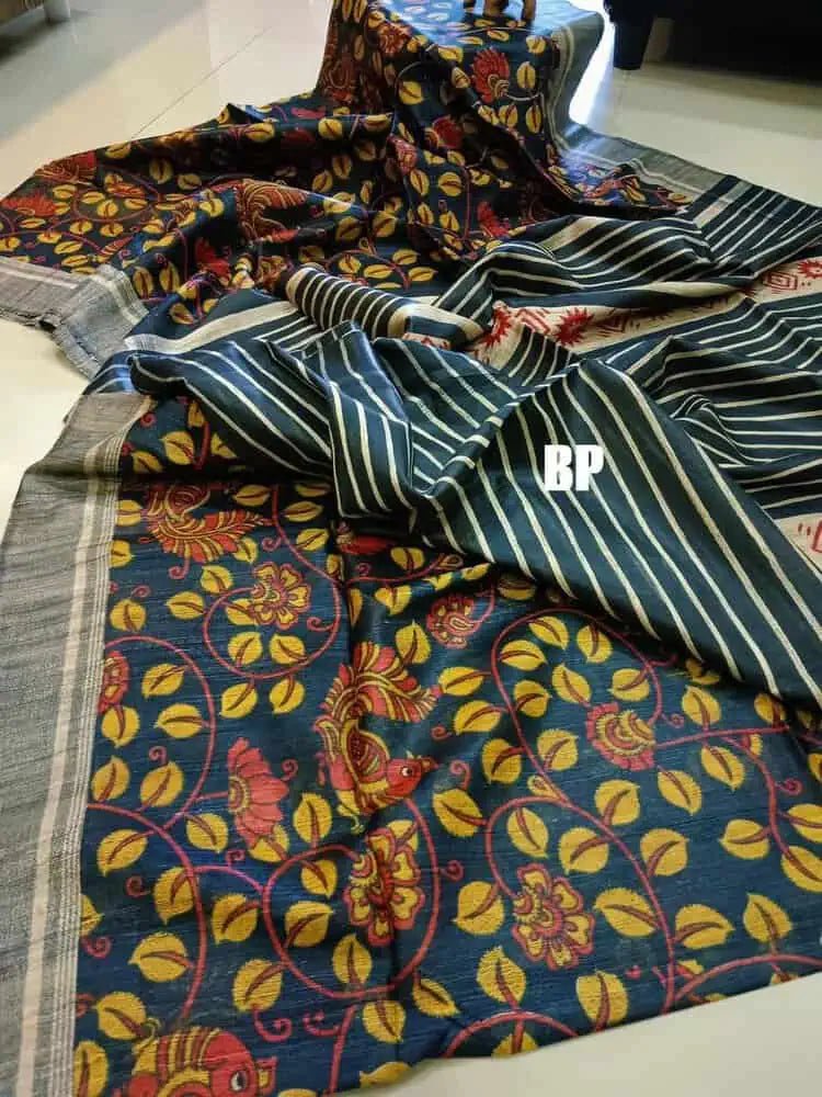 Pure Ghicha Tussar Saree Ð Peacock Blue Kalamkari Block Print - Saree - Aakritee - S10776