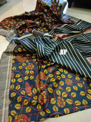 Pure Ghicha Tussar Saree Ð Peacock Blue Kalamkari Block Print - Saree - Aakritee - S10776