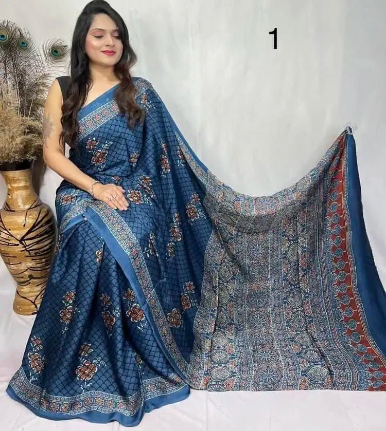 Pure Modal Silk Ajrakh Saree Ð Blue Festive Wear - Saree - Aakritee - S10782