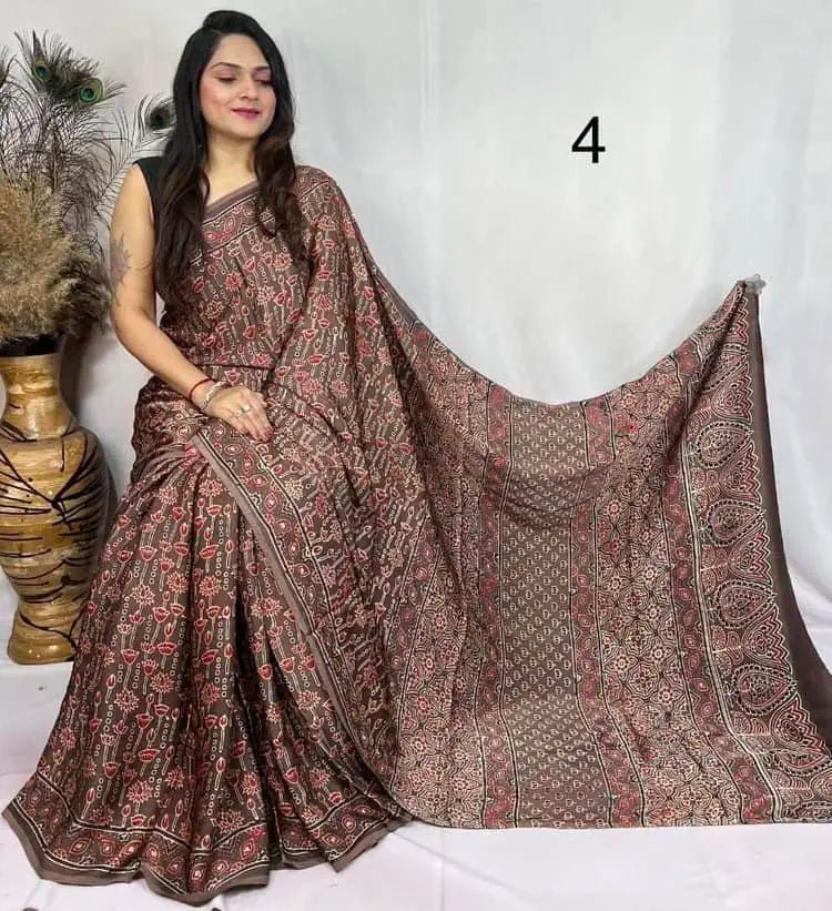 Pure Modal Silk Ajrakh Saree Ð Brown Festive Wear - Saree - Aakritee - S10785