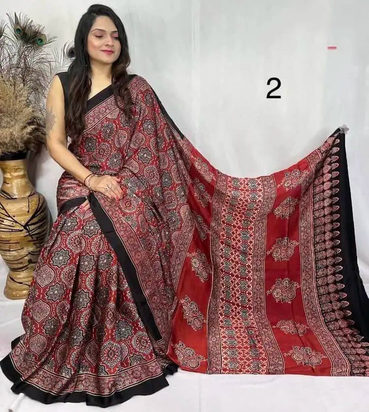 Pure Modal Silk Ajrakh Saree Ð Maroon Festive Wear - Saree - Aakritee - S10783