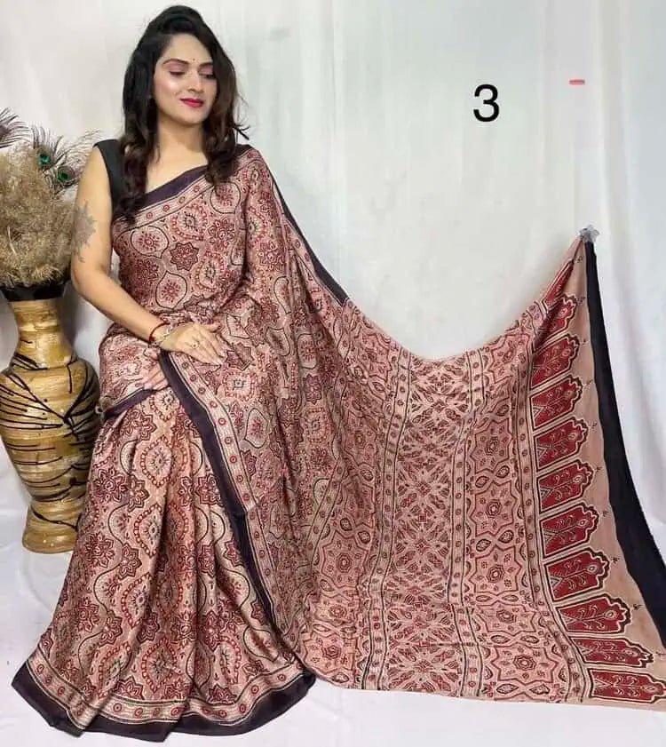 Pure Modal Silk Ajrakh Saree Ð Maroon Festive Wear - Saree - Aakritee - S10784