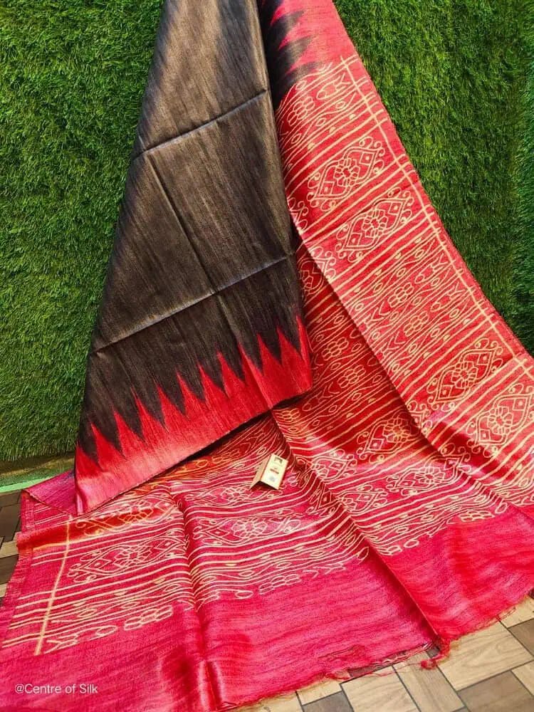 Pure Tussar Ghicha Saree Ð Black Red Temple Border - Saree - Aakritee - S10780