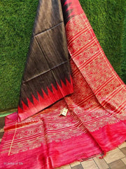 Pure Tussar Ghicha Saree Ð Black Red Temple Border - Saree - Aakritee - S10780