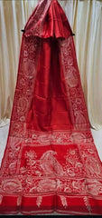 Red Silk Saree - Pure Murshidabadi Silk Hand Batik Traditional Festive Red S11064 - Saree - Aakritee - S11064