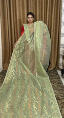 Saree Bengal Jamdani Semi Soft With Blouse Piece Traditional Festive Durga Pujo Medium Spring Copper Zari Weaving S11000 - Saree - Aakritee - S11000