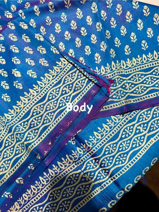 Saree_Bishnupuri 3 ply pure silk_hand block print_dual shade_steel blue_festive_durga pujo_S10872, S10872 - Saree - Aakritee - S10872