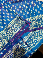 Saree_Bishnupuri 3 ply pure silk_hand block print_dual shade_steel blue_festive_durga pujo_S10872, S10872 - Saree - Aakritee - S10872