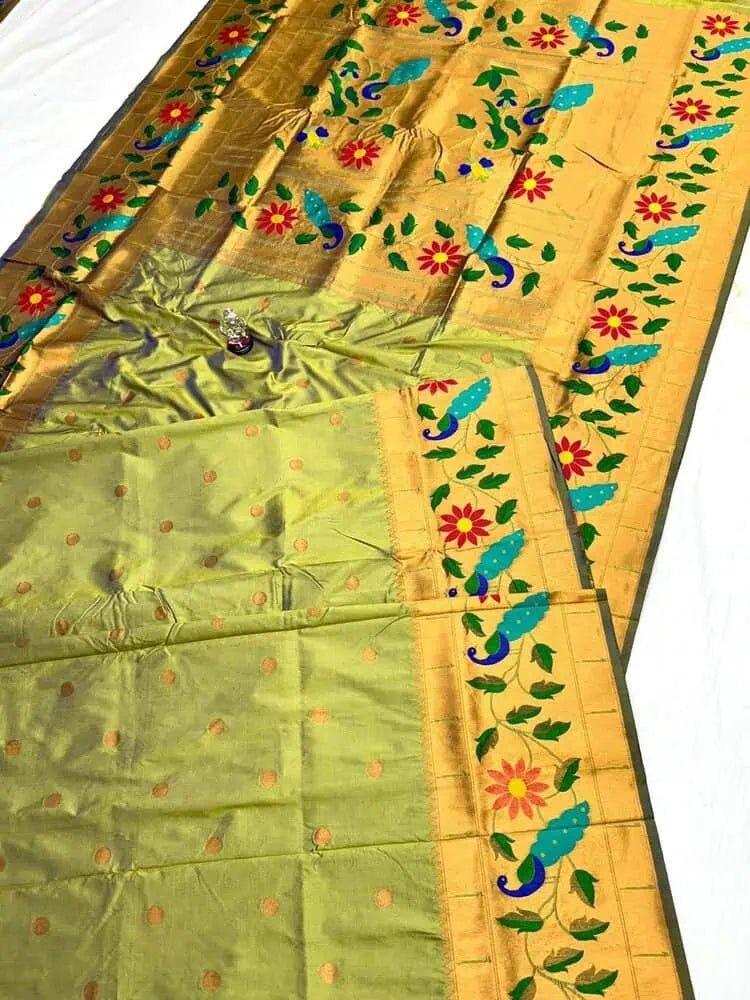 Saree Blended Paithani Olive Festive Durga Pujo Diwali Traditional S10978 - Saree - Aakritee - S10978