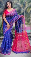 Saree_cotton_bengal Jamdani_festive_blue_festive_durga pujo_S0814 - Saree - Aakritee - S10814
