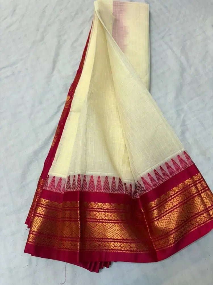 Saree Cotton Gadwal Festive Durga Pujo Traditional Beige S11038 Saree - Saree - Aakritee - S11038