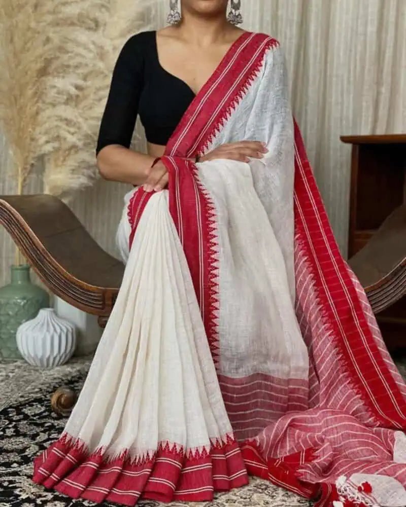 Saree Cotton Khadi Durga Pujo Festive White S10982 - Saree - Aakritee - S10982