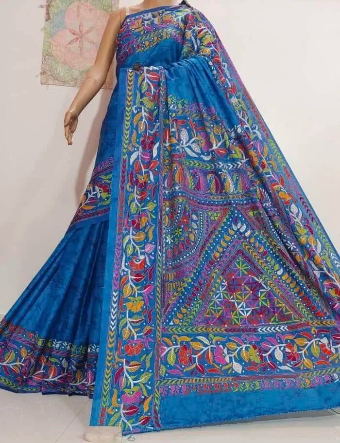 Saree_hand kantha_blended bangalore silk_festive_durga pujo_Blue_S10802 - Saree - Aakritee - S10802