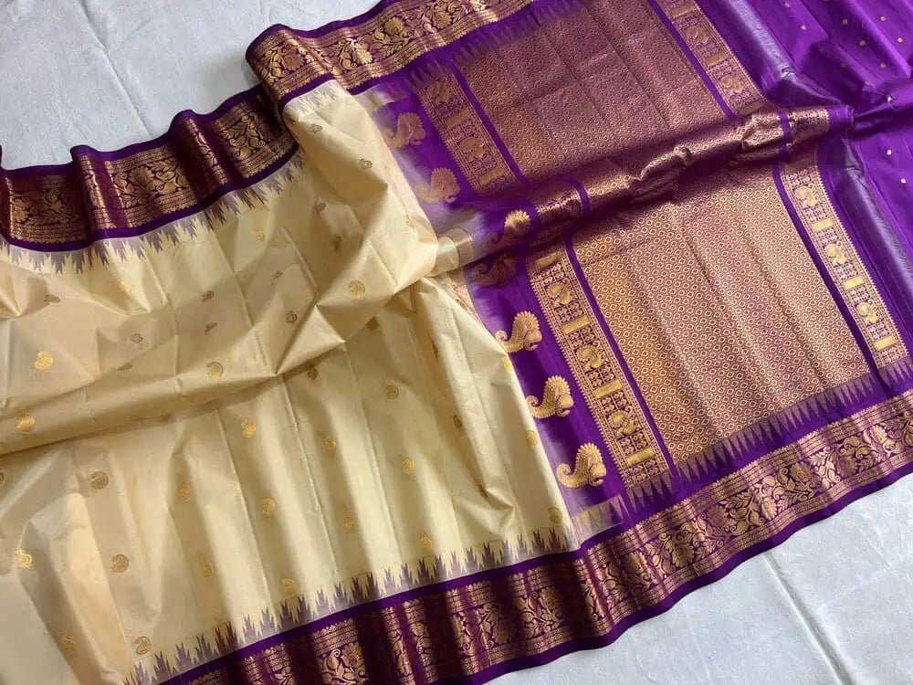 Saree Handloom Silk Gadwal Pale Goldenrod Festive Traditional Durga Pujo S10956 - Saree - Aakritee - S10956