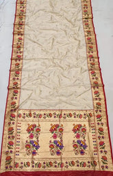 Saree Katan Silk Paithani Festive Floral Motif Durga Pujo Party Wear Beige S10896 - Saree - Aakritee - S10896