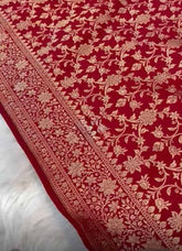 Saree Khaddi Georgette Banarasi Handloom Jaal Work Festive Durga Pujo Diwali Party Wear Red S10992 - Saree - Aakritee - S10992