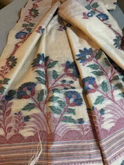 Saree Linen Jamdani Handloom Casual Beige S10987 - Saree - Aakritee - S10987